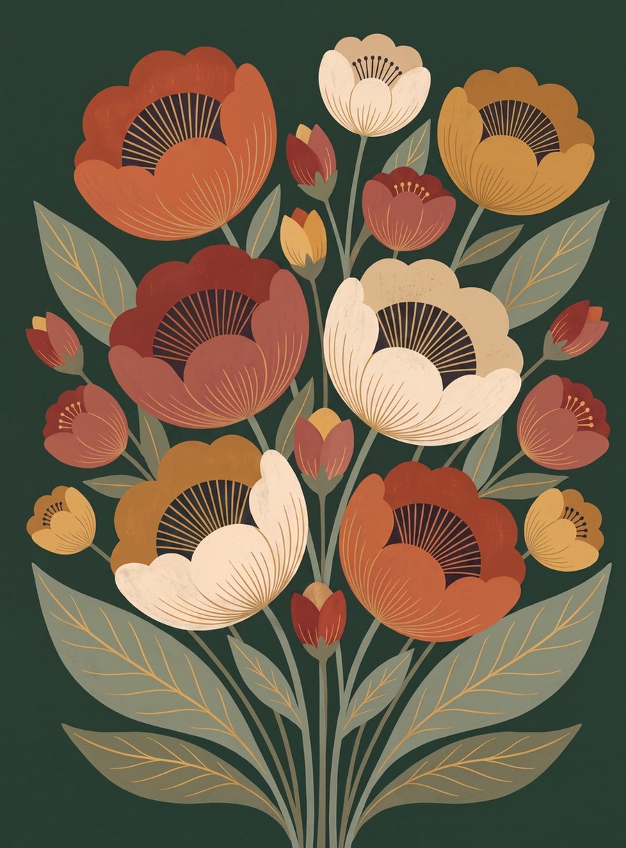 Mid-century folk floral artwork in burnt orange and cream on forest green
